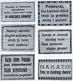 Klebezettel mit anti-deutschen Slogans auf Polnisch, beispielsweise (oben links): „Wer für Deutschland stimmt, verkauft sich und seine Kinder in die ewige Sklaverei!“