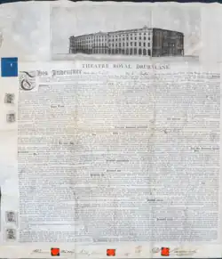 Anleihevertrag über 500 £ des Theatre Royal, Drury Lane, ausgefertigt am 6. Juli 1793, gedruckt auf Pergament. Zu den Gläubigern, die in dem Dokument genannt werden, gehörte u. a. der Dramatiker Richard Brinsley Sheridan.