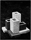 Theo van Doesburg: Gartenskulptur von 1919 – das graue Gefäß sollte auf einer Rasenfläche aufgestellt und mit roten, gelben, blauen und weißen Blumen bestückt werden.