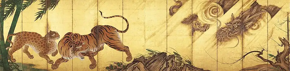 Stellschirmpaar „Drachen und Tiger“ (Kanō Sanraku)