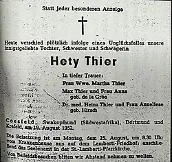 Todesanzeige von Hety Thier [Quelle: Stadtarchiv Coesfeld]