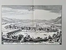 Die Insel links in einem Stich aus der Topographia Alsatiae, 17. Jahrhundert