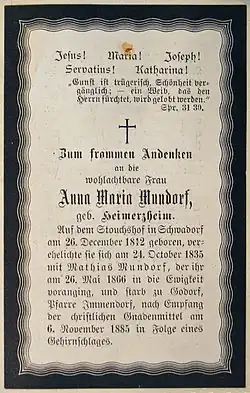 Totenzettel mit verziertem Trauerrand (Rheinland, 1885)