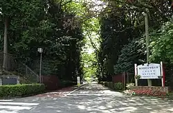 Das Foto zeigt eine von niedrigen Hecken und dahinterstehenden hohen Bäumen gesäumte Straße, Sonnenlicht fällt durch die Blätter und an der rechten Seite ist ein auf Japanisch beschriftetes Schild zu sehen.