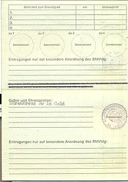 Truppenausweis Rückseite ungefaltet Ausführung für Reservisten bis 2000 Erlaubnis zum Führen von Waffen gestrichen
