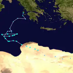 Zugbahn von Tief Daniel zwischen 5. und 11. September in Intervallen von 6 Stunden (von Nord nach Süd)