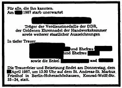 Traueranzeige aus der DDR von 1987