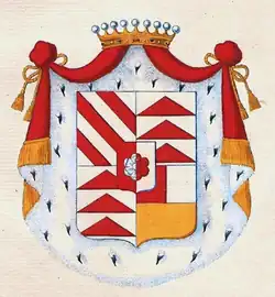 Gräfliches Wappen derer von Trauttmansdorff, altkolorierter Wappen-Kupferstich in Fürstenkolorit, aus Wappenbuch der Österreichischen Monarchie von 1835 von J. A. Tyroff. Band VII., Nr. 94