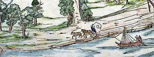 Darstellung aus dem 16. Jahrhundert: Treideln am Rhein