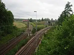Abzweig der Bahnstrecke nach Kolbäck (rechts) von der Svealandsbahn beim Bahnhof Rekarne