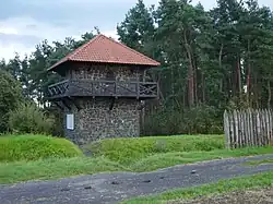 Wp 4/49 von Nordwest, mit rekonstruiertem Palisadenstück, Wall und Graben im Vordergrund