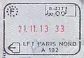 Ausreisekontrollstempel aus Frankreich vom Bahnhof Paris-Nord (Eurostar), erteilt durch die Police aux frontières. Die Art des Verkehrsmittels (Zug) ist oben rechts angegeben.