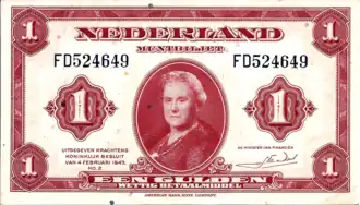 1-Gulden-Schein von 1943, herausgegeben von der niederländischen Exilregierung in London für die Verwendung nach der Befreiung der Niederlande.