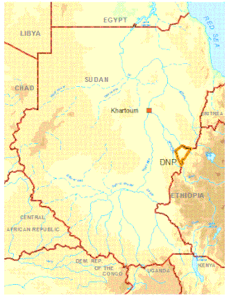 Lage des Dinder-Nationalparks in Sudan in den Grenzen vor der Abspaltung des Südsudans
