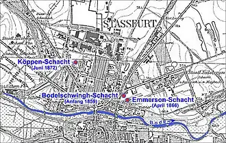 Lage der unvollendeten Abteufschächte des preußischen Fiskusim Stadtgebiet von Staßfurt.
