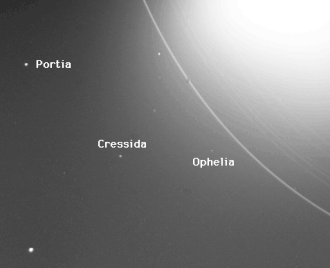 Voyager-2-Aufnahme von Portia, Cressida und Ophelia
