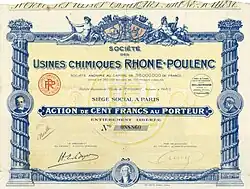 Aktie der Société des Usines Chimiques Rhône-Poulenc über 100 Francs, ausgestellt am 5. September 1928 in Paris, mit Unterschrift von Hippolyte-Eugène Boyer als Vorsitzender des Aufsichtsrats, der bereits seit 1900 Präsident der Société Chimique des Usines du Rhône war
