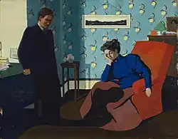 Intérieur fauteuil rouge et figures, deutsch: Innen, Inneneinrichtung oder auch Zuhause, roter Sessel und Gesichter oder Figuren, 1899, Geschenk von Ottilie W. Roederstein, 1920[39]