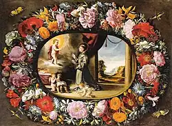 Juan van der Hamen y León: Blumengirlande mit Vision des Heiligen Antonius, ca. 1620er, Öl auf Kupfer, 45,7 × 62,2 cm, Meadows Museum (Southern Methodist University), Dallas