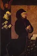 Rogier van der Weyden, Porträt von Nicolas Rolin mit seinem Badge auf der Decke am Tisch