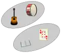 Die Menge mit der Spielkarte und dem Buch ist disjunkt zur Menge mit der Gitarre und der Trommel.