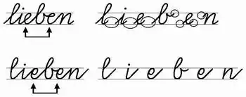 Lateinische Ausgangsschrift. Vergleich der Buchstabenverbindungen bei dem Wort „lieben“