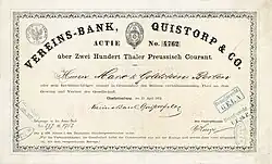 Aktie der Vereins-Bank, Quistorp & Co. über 200 Taler, ausgegeben am 11. April 1872 in Charlottenburg, eingetragen auf das im Gründungsgeschäft sehr aktive Berliner Privatbankhaus Marx & Goldstein, im Original unterschrieben von Heinrich Quistorp