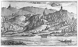 Darstellung des Schlosses Ankenstein (Borl) aus dem Jahr 1681 mit Plätten- und Floßfahrt auf der Drau.
