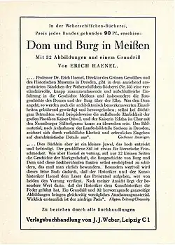 Verlagswerbung links: Nr. 6291 für mehrere Titel der „Weberschiffchen-Bücherei“; rechts: „Dom und Burg Meißen“ (WB 33), beide ca. 1938