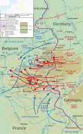 Karte der Truppenbewegungen während der Ardennenoffensive. Bastogne liegt etwa in der Mitte der Karte.