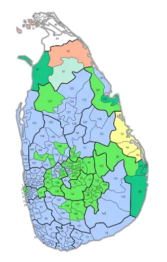 Stimmenstärkste Parteien in den 160 Stimmbezirken:[1] ﻿People’s Alliance (PA) ﻿United National Party (UNP) ﻿Tamil United Liberation Front (TULF) ﻿Sri Lanka Muslim Congress (SLMC) ﻿SLMC, Wahlbeteiligung 4–5 % (Bezirk 88-Jaffna, 91-Vavuniya) ﻿EPDP (Bezirk 79-Kayts), bzw. DPLF (Bezirk 92-Mannar) ﻿Wahlbeteiligung 0 bis 1,1 %