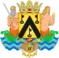 Meermann und Meerfrau als Schildhalter: Wappen von Ostende, Belgien