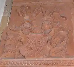 Wappen auf einem Epitaph für sieben Kleinkinder der Familie von Daun-Falkenstein in der Klosterkirche Marienthal, um 1580