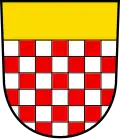 Unter goldenem Schildhaupt zu sieben senkrechten Reihen geschacht von Silber und Rot (Wappen von Flawil SG)