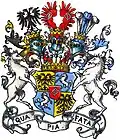 Wappen der Grafen von Haxthausen mit Schildhaltern und Leitspruch im Wappenbuch des Westfälischen Adels