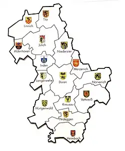 Im Kreis Düren haben heutzutage die Wappen von zwölf der 15 Gemeinden einen Bezug zum Jülicher Löwen.