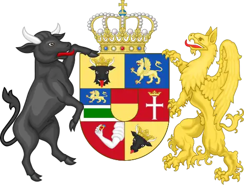 Herzogtum Mecklenburg: Stierköpfe im ersten und sechsten Feld, für Mecklenburg und Werle, rechts ein Stier als Schildhalter