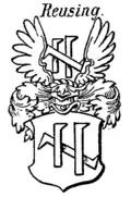 Wappen des Gerhard Rensing († 1713) (= Stammwappen der Rensing) in Siebmachers Wappenbuch (hier fälschlicherweise Reusing)