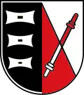 Wappen von Mühlhausen (Stuttgart) mit drei Mühleisen aus dem Wappen der Ritter von Mühlhausen