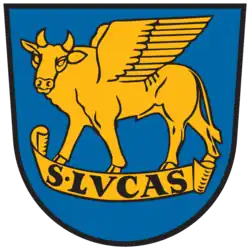 Schreitender Flügelstier im Wappen von Bleiburg mit dem Spruchband S. LVCAS
