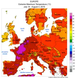 Höchsttemperatur 14. Juli – 3. August 2019 (lila > 40 °C, rot > 30 °C; NOAA-NWS-CPC)