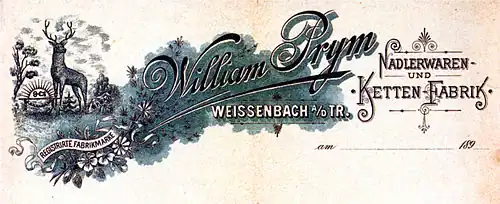 Weissenbach an der Triesting, Zweigwerk William Prym Nadlerwaren- und Ketten-Fabrik, Briefkopf, 1894
