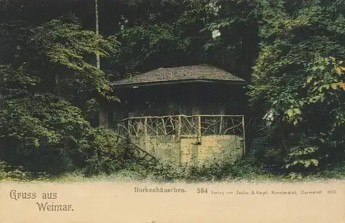 Borkenhäuschen mit Holzschindeln auf einer alten Ansichtskarte