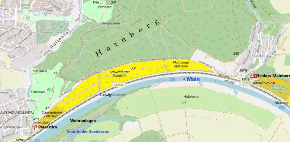 Die Mainleite beginnt an der Peterstirn und endet in Mainberg. Ocker: Heutiger Weinbau. Gelb: Weinbau bis Mitte des 20. Jahrhunderts