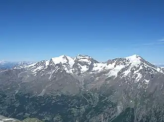 Weissmiesgruppe von Westen, von links Fletschhorn, Lagginhorn und Weissmies