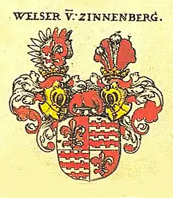 Gemehrtes Wappen der Welser von Zinnenberg, nach Siebmacher