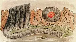 Stlisiertes Aquarell einer Steilküste, die teils schwarz, teils rötlich mit uneinheitlichen Stilmitteln gestaltet ist. Auffällig ist ein großer schwarzer Kreis, in dessen Zentrum sich kleinere rote Kreise befinden.