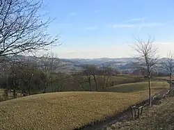 Granodiorit-Landschaft (Richtung Mörlenbach) mit östlich angrenzender Trommgranit-Kette (Schimmelberg-Götzenstein) und dem Buntsandstein-Hardberg in der Mitte