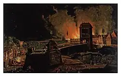 Beschießung der Stadt und brennende Vorstadt beim Abzug der Franzosen in der Schlacht bei Hanau (Nacht vom 30. auf den 31. Oktober 1813).