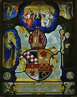 Geviertes Wappen mit Cîteaux, Rapperswil, Kloster Wettingen, Abt Christoph Silberysen (1566)